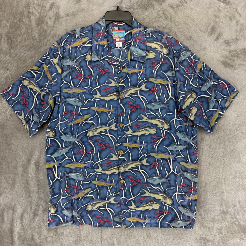 Joe Kealuha's Hawaiian Shirt Mens XL Blue Fish Print Cotton Made in Hawaii